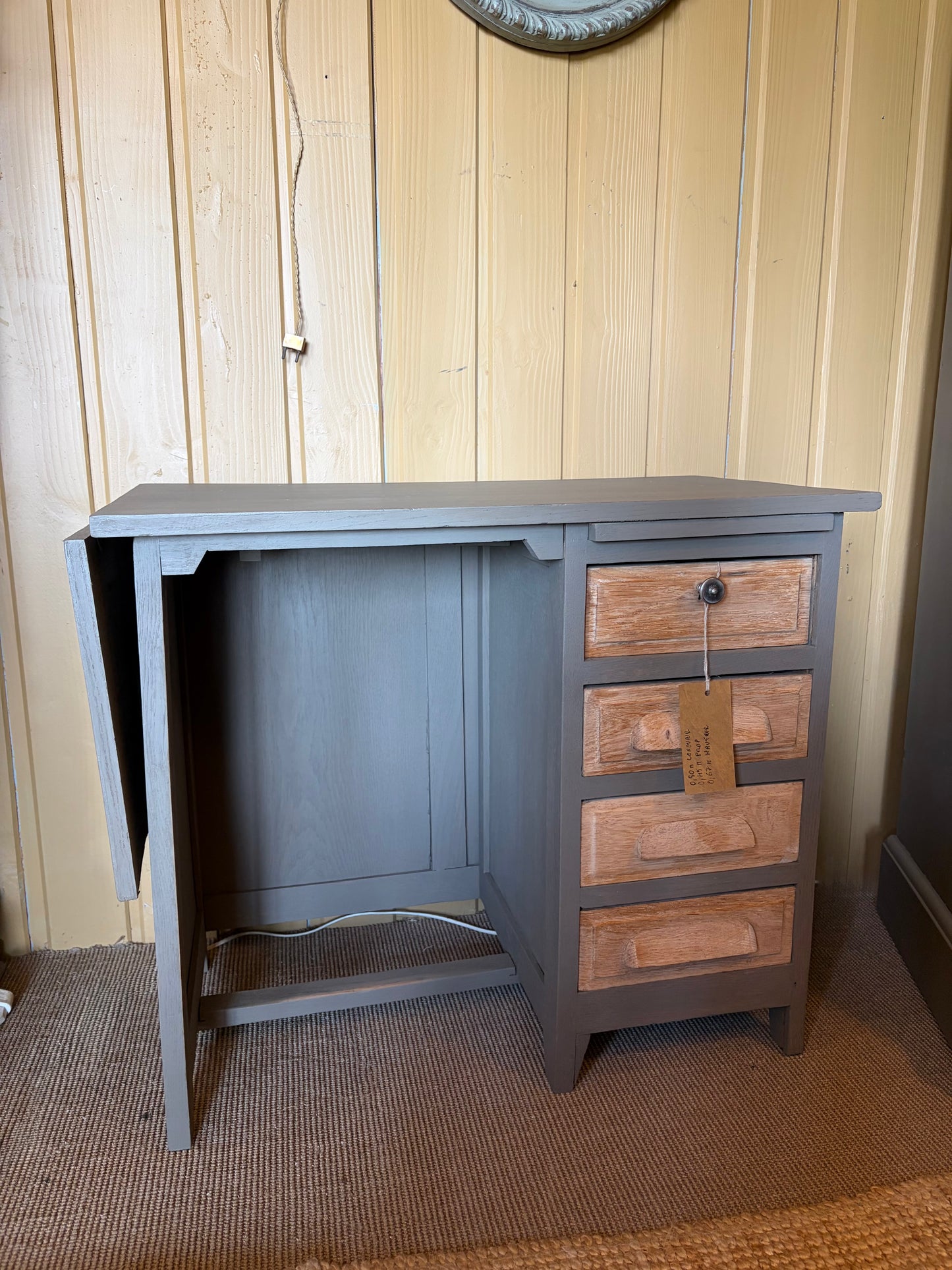 Bureau d'administration en chêne année 50, patiné gris lichen